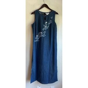 Y2K 90s Sophie Rose Denim Midi Dress 16 Embroidered Floral Overall Country